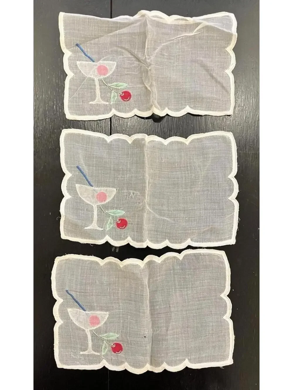 Madeira Cocktail Napkins Set of 3 Embroidered Martini Glass Cherries Vintage 8x5
